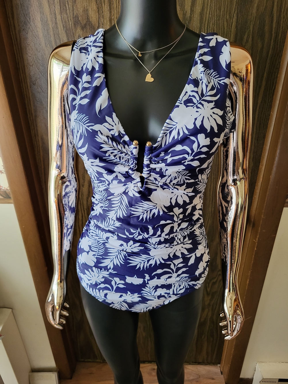 B2prity luxurious Navy & White Tropical One-Piece Swimsuit| M